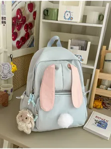 Leuke konijnenoren rugzak voor dames, schattige schooltas met pluche staart in lichtblauw
