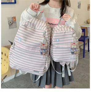 Japans stijl gestreepte schoolrugzak voor meisjes, grote casual dagrugzak met schattige beer.