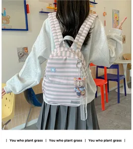 Japans stijl gestreepte rugzak casual schooltas met schattige berenhanger voor meisjes