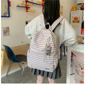 Japanse stijl gestreepte grote capaciteit student schooltas canvas roze grijze rugzak