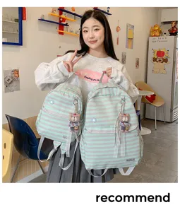 Japanse gestreepte grote capaciteit schoolrugzak voor meisjes, dubbele schoudertas.