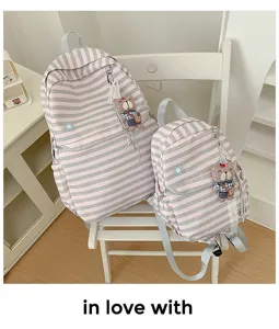 Leuke gestreepte schoolrugzak voor meisjes, grote casual dagrugzak met berenhanger.