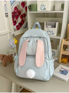 Schattige konijnenoor rugzak detail, lichtblauwe schooltas voor tiener Meisjes.