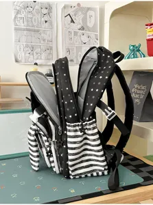 Zwarte sterrenrugzak met konijnenoren voor school, schattige gestreepte schooltas voor meisjes.