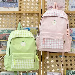 Sac à dos d'étudiant à broderie de pomme à carreaux doux sac d'école mignon pour filles