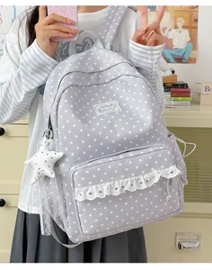 Japanese style star print backpack with cute lace trim, large capacity student school bag.