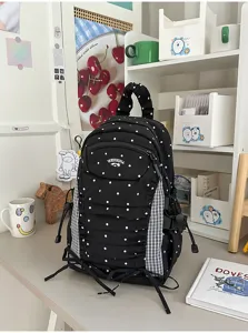 Japanse stippen rugzak met geruite zijpanelen, grote schooltas voor dagelijks gebruik.