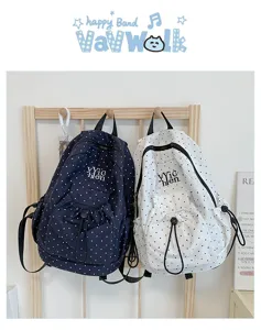 Detailed view of casual canvas backpack with polka dots, large capacity and drawstring pocket.