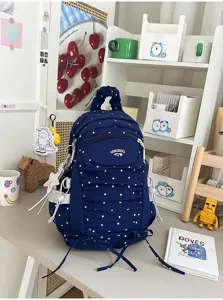 Japanse stijl donkerblauwe polkadots geplooide rugzak grote capaciteit schooltas voor studenten