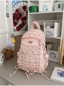Japanse stijl roze polkadot geplooide rugzak grote capaciteit schooltas casual dagrugzak