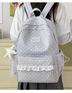 Japanese style grey star print backpack with cute white lace trim, large capacity school bag for girls.