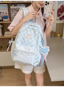 Leuke Japanse stijl ruitjes schoolrugzak voor meisjes, blauw-wit design met hartje hanger.