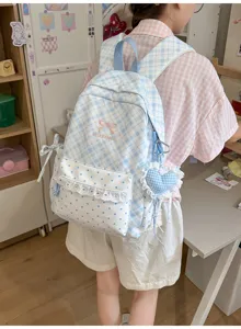 Japanse zoete stijl blauwe ruitjes schoolrugzak met schattige stip kant zak en mooie strik.