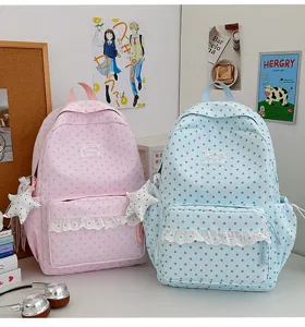 Cute Japanese style star print backpack with delicate lace trim, spacious school bag for students.