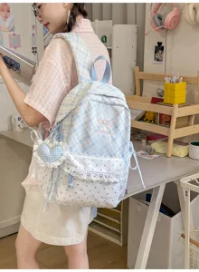 Japanse stijl zoete ruitjes rugzak voor studenten, schattige blauwe en witte tas met hart hanger.