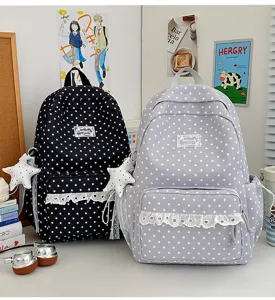 Japanese style star print lace backpack detail, cute student school bag with large capacity.