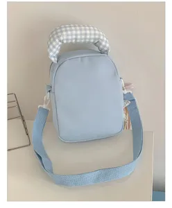 Lichtblauwe schoudertas met geruit handvatdetail, schattige studentenstijl dagelijkse tas.