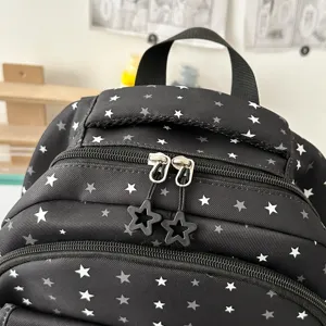 Zwarte casual rugzak met sterrenprint, schooltas met dubbele rits voor dagelijks gebruik en reis