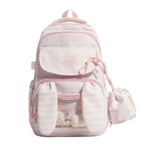 Schattige roze konijnenoor rugzak met sterrenpatroon en bijpassend tasje voor school.