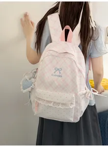 Japanse schattige roze geruite schoolrugzak voor meisjes, stijlvolle casual tas.