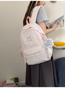 Japans zoete ruitjes schoolrugzak voor tienermeisjes, leuke esthetische studententas.