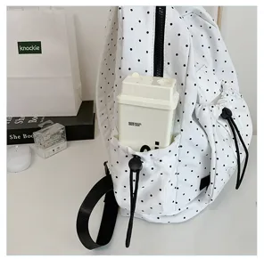 White polka dot canvas backpack large capacity casual student school bag daily use