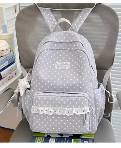 Japanese style grey star print backpack with cute lace trim, large capacity student school bag.