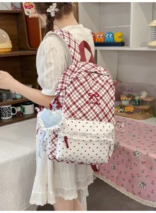 Japanse stijl ruitjes schoolrugzak voor meisjes schattig hartje en stippen vakje.