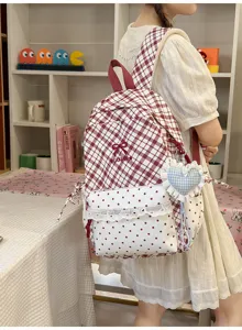 Japanse stijl schattige rode ruit stippen rugzak met strik en hart hanger voor meisjes school dagelijks
