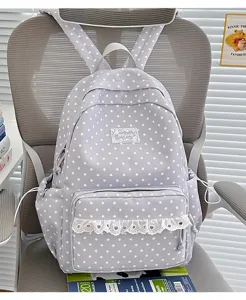 Grey star print school backpack with cute lace ruffle front pocket, great for student daily use.