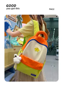 Cute colorblock student backpack with star patch and plush bunny charm for daily casual wear