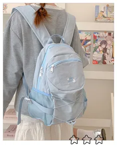 Light blue casual backpack detail showcasing front zipper pocket, mesh side and drawstring.