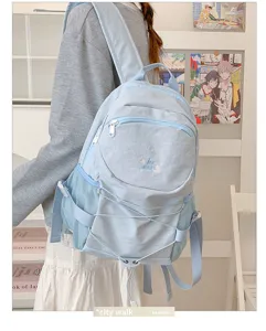 Casual large capacity light blue backpack with drawstring design and cute embroidery for school.