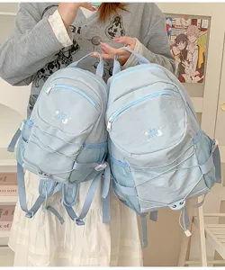 Light blue casual backpack with drawstring and large capacity for daily school use.