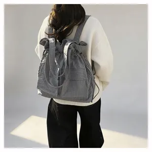 Grey plaid tactical backpack women, casual drawstring canvas school bag, stylish travel daypack.