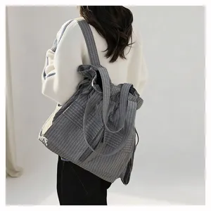 Fashionable utility drawstring backpack in grey plaid Oxford cloth, dual-use shoulder bag.