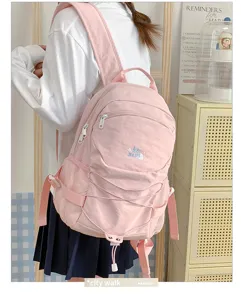 Pink large capacity drawstring backpack student school bag casual daypack cute campus style