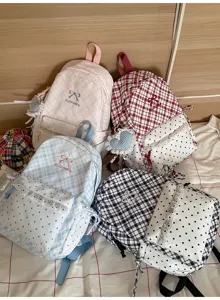 Zoete Japanse geruite rugzak voor studenten met schattige stipzak en geborduurde strik.
