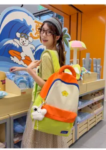 Cute Korean style student backpack, color-blocking large capacity school bag for girls.