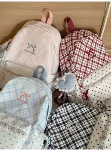 Japans zoete stijl rugzak geruit met strik en kant voor studenten dagelijkse vrijetijdstas