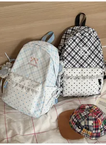 Japanse stijl zoete ruitjes rugzak met stippen voorzak en schattige strik borduurwerk voor.