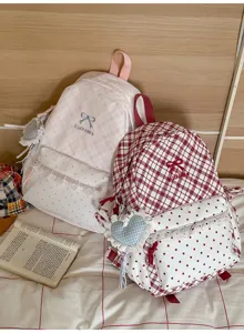 Japanse stijl schattige zoete ruit en stip schoolrugzak voor tiener meisjes casual tas