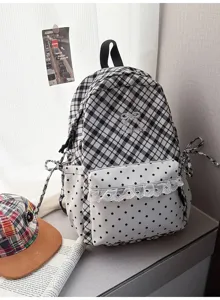 Japanse stijl zwart wit ruitjes rugzak schattige schooltas met stippen voorvak en ruches