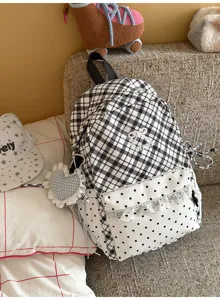 Leuke ruitjes en stippen rugzak voor meisjes, stijlvolle schooltas met strik borduurwerk.
