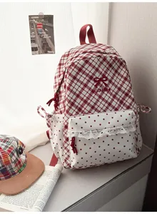 Japans stijl rood ruitjes rugzak schattige schooltas voor meisjes met strikjes en stippen.