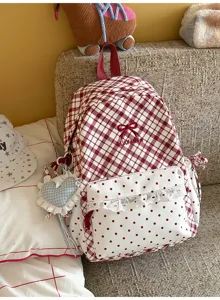 Japanse stijl zoete ruitjes schoolrugzak met polkadot voorzak en schattige strik borduursel.