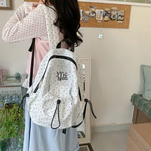 Casual Polka Dot Canvas Backpack Large Capacity School Bag With Drawstring Pocket Wear Resistant Traveling Knapsack For Students