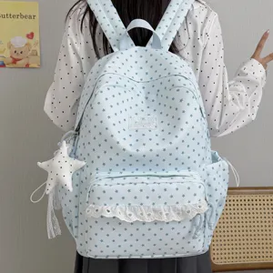 Japanese Style Cute Star Nylon Backpack With Lace Trim Large Capacity School Bookbag For Teen Girls Lightweight Casual Travel Back Pack