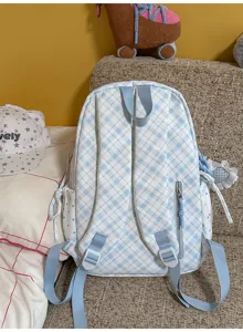 Japanse stijl zoete blauwe ruitjes rugzak voor studenten, leuke casual schooltas met handige vakken.
