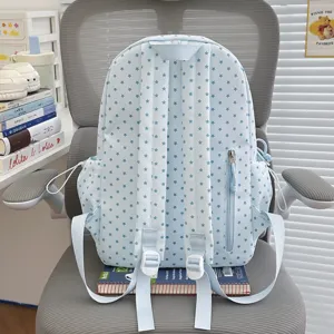 Light blue star print student backpack, cute Japanese style casual daily large capacity school bag.